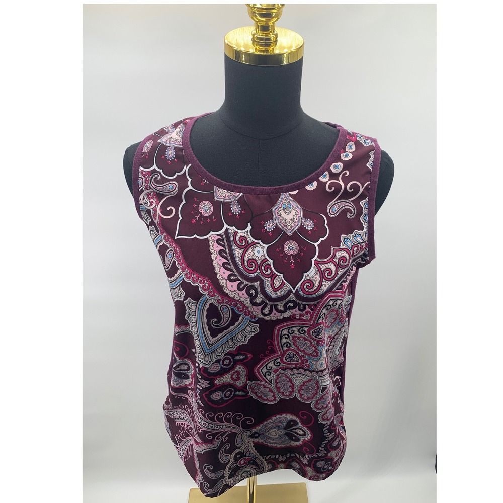 Chicos Mixed Media Paisley Print Tank‎ Top Plum Burgundy Womens Size 1 Medium